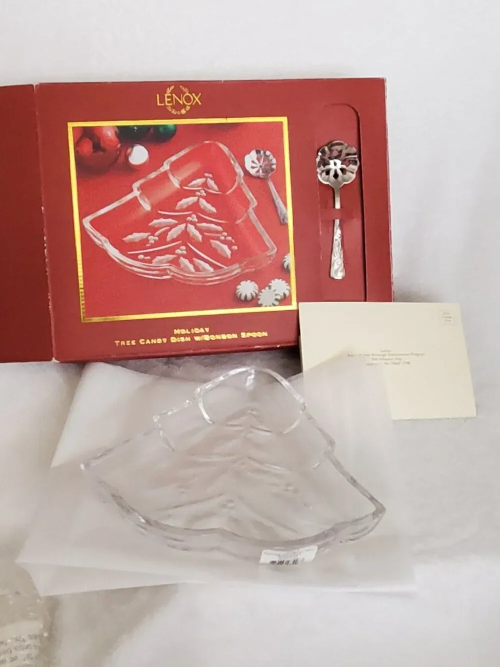 Lenox Crystal Holiday Tree Dish and Bonbon Spoon Set  Vintage in Box!